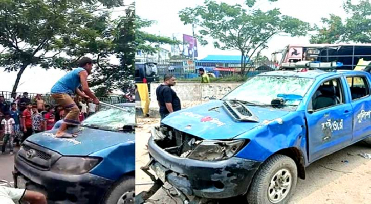মহাসড়কে জয় বাংলা স্লোগান দিয়ে পুলিশের গাড়ি ভাঙচুর